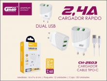 CARGADOR USB CON CABLE TIPO-C 2SALIDA 2.4A