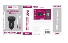 CARGADOR DE COCHE CON 2 SALIDAS TIPO C Y USB 3.0A 30W