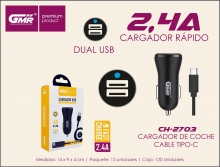 CARGADOR COCHE 2XUSB 2.4A CON CABLE USB A TIPO C 1M